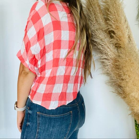 EXPRESS Pink Salmon White Checkered Picnic Button Tie Front Blouse Shirt Top S - Picture 2 of 7